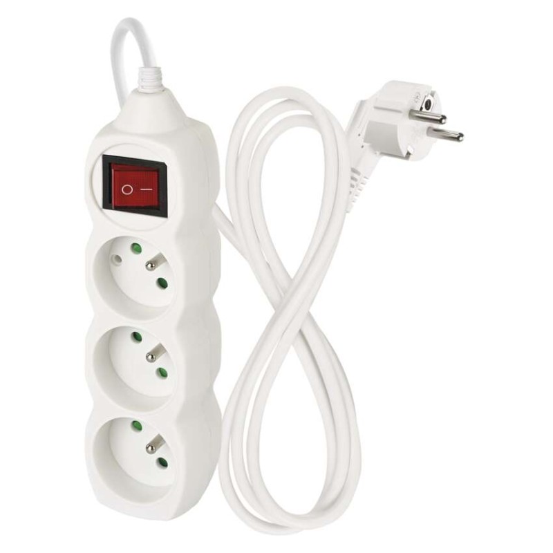 Prodlužovací kabel 1,5 m / 3 zásuvky / s vypínačem / bílý / PVC / 1 mm2