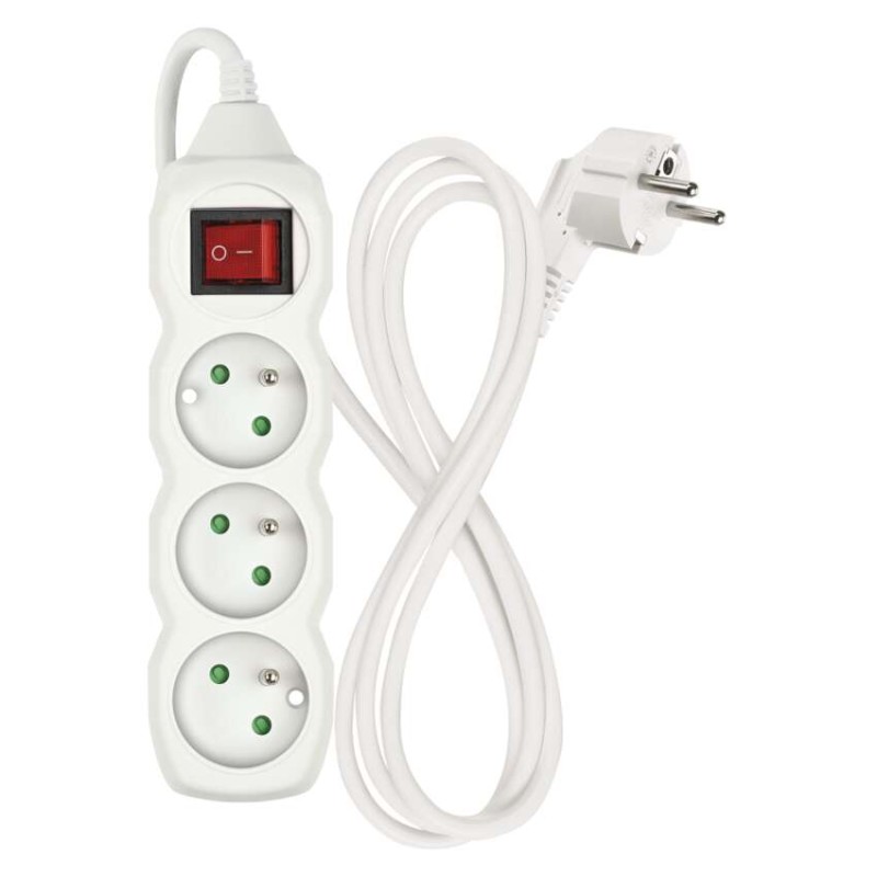 Prodlužovací kabel 1,5 m / 3 zásuvky / s vypínačem / bílý / PVC / 1 mm2