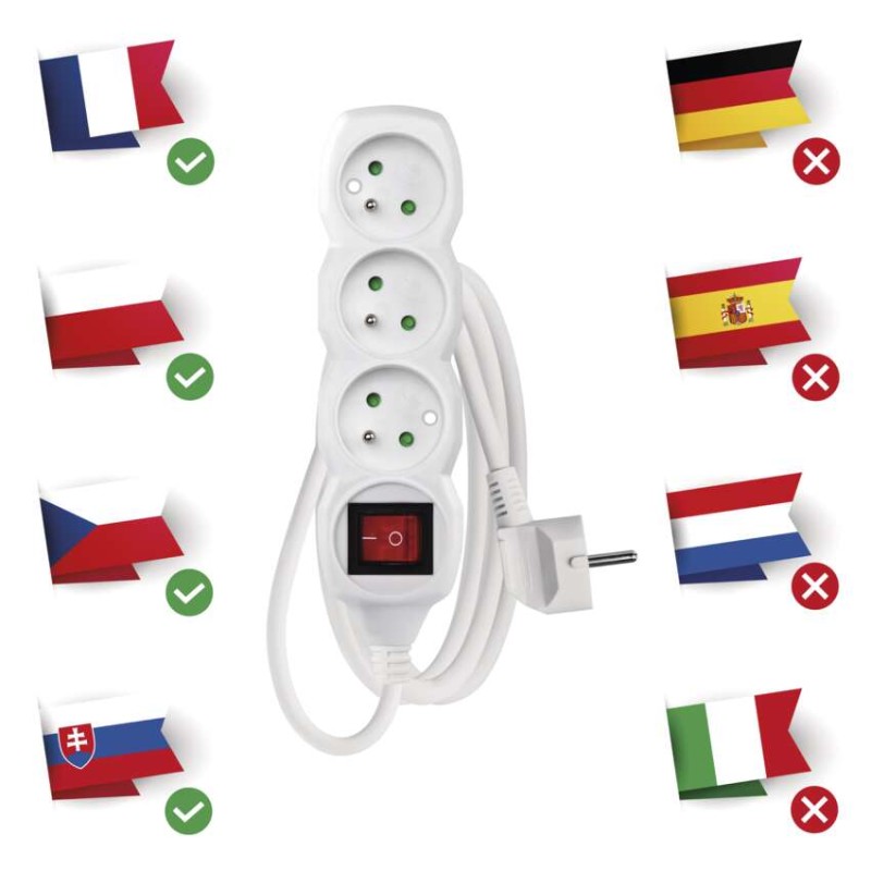 Prodlužovací kabel 1,5 m / 3 zásuvky / s vypínačem / bílý / PVC / 1 mm2