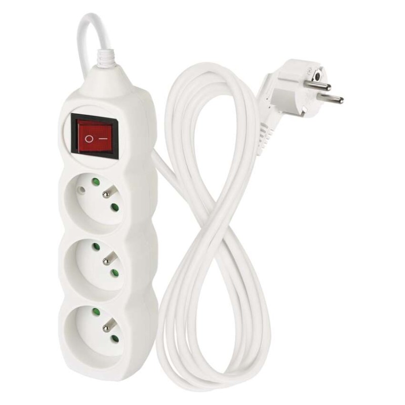 Prodlužovací kabel 2 m / 3 zásuvky / s vypínačem / bílý / PVC / 1 mm2