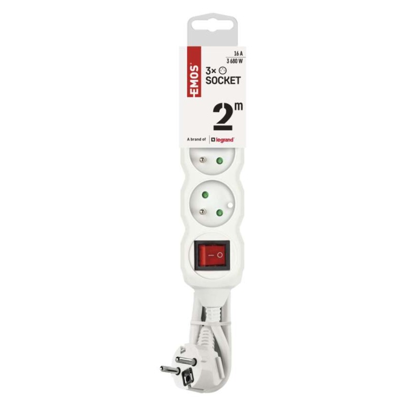 Prodlužovací kabel 2 m / 3 zásuvky / s vypínačem / bílý / PVC / 1 mm2