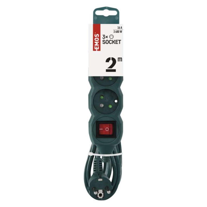 Prodlužovací kabel 2 m / 3 zásuvky / s vypínačem / zelený / 1 mm2