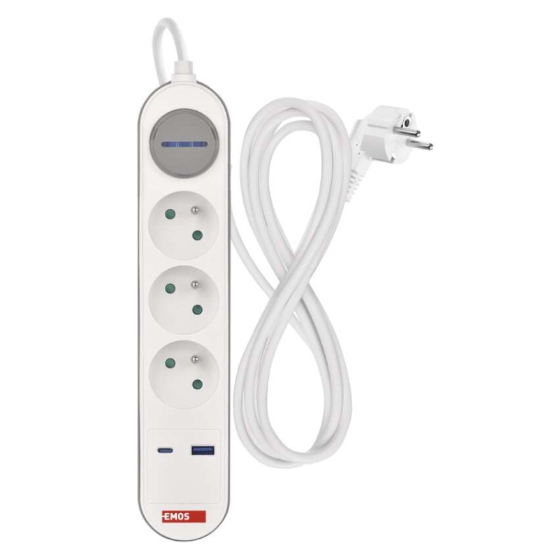 Prodlužovací kabel 2 m / 3 zásuvky / s vypínačem / bílý / 1×USB-A + 1×USB-C / 1,5 mm2