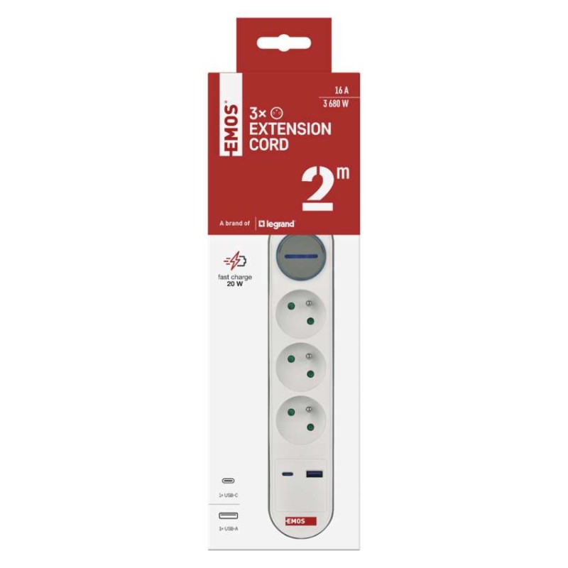 Prodlužovací kabel 2 m / 3 zásuvky / s vypínačem / bílý / 1×USB-A + 1×USB-C / 1,5 mm2