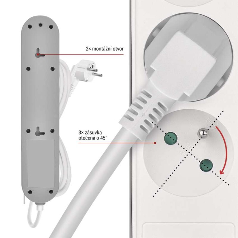 Prodlužovací kabel 2 m / 3 zásuvky / s vypínačem / bílý / 1×USB-A + 1×USB-C / 1,5 mm2
