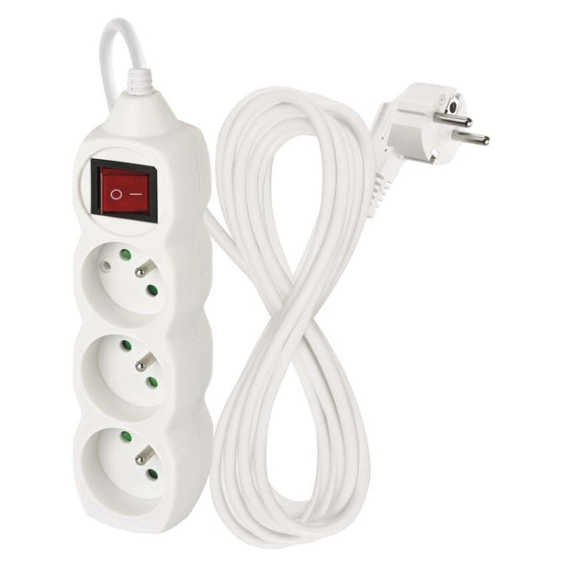 Prodlužovací kabel 5 m / 3 zásuvky / s vypínačem / bílý / PVC / 1,5 mm2