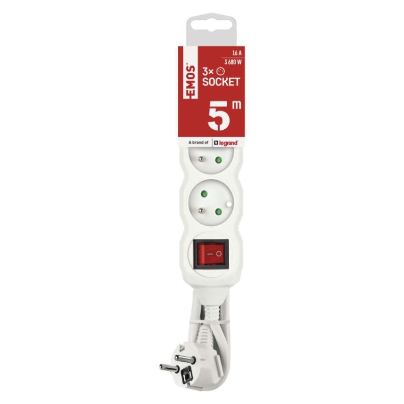 Prodlužovací kabel 5 m / 3 zásuvky / s vypínačem / bílý / PVC / 1,5 mm2
