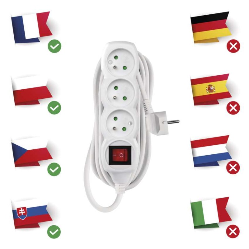 Prodlužovací kabel 7 m / 3 zásuvky / s vypínačem / bílý / PVC / 1,5 mm2