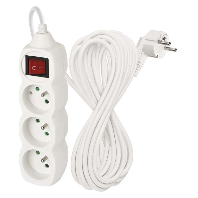 Prodlužovací kabel 10 m / 3 zásuvky / s vypínačem / bílý / PVC / 1 mm2