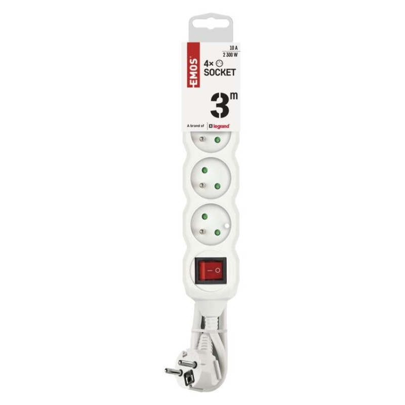 Prodlužovací kabel 3 m / 4 zásuvky / s vypínačem / bílý / PVC / 1 mm2