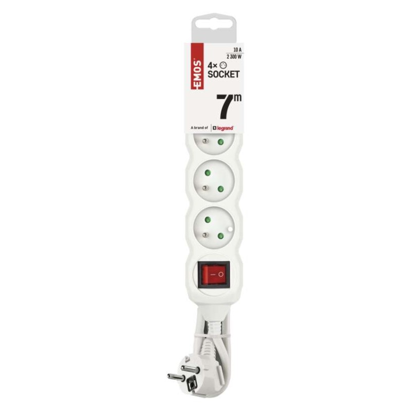 Prodlužovací kabel 7 m / 4 zásuvky / s vypínačem / bílý / PVC / 1 mm2