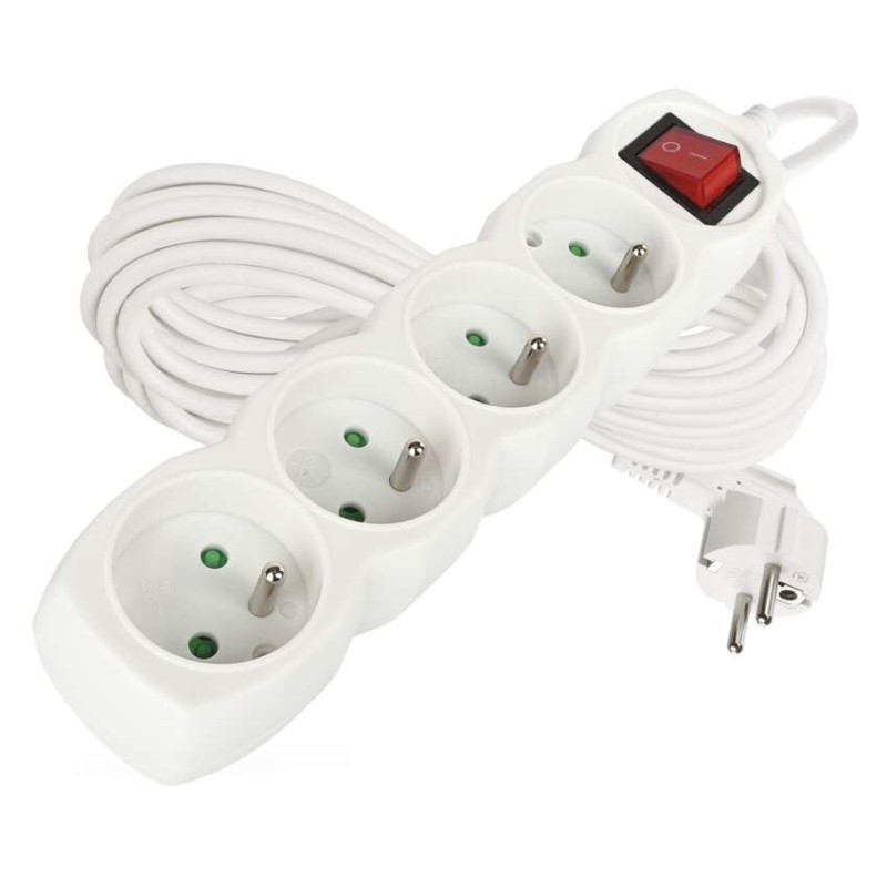 Prodlužovací kabel 10 m / 4 zásuvky / s vypínačem / bílý / PVC / 1 mm2