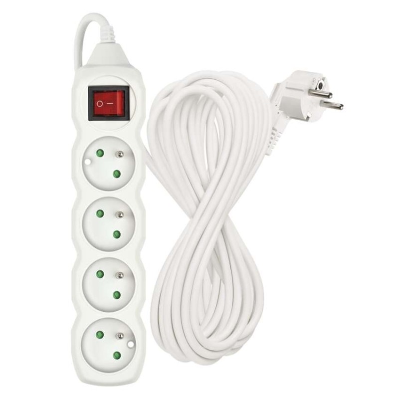Prodlužovací kabel 10 m / 4 zásuvky / s vypínačem / bílý / PVC / 1,5 mm2