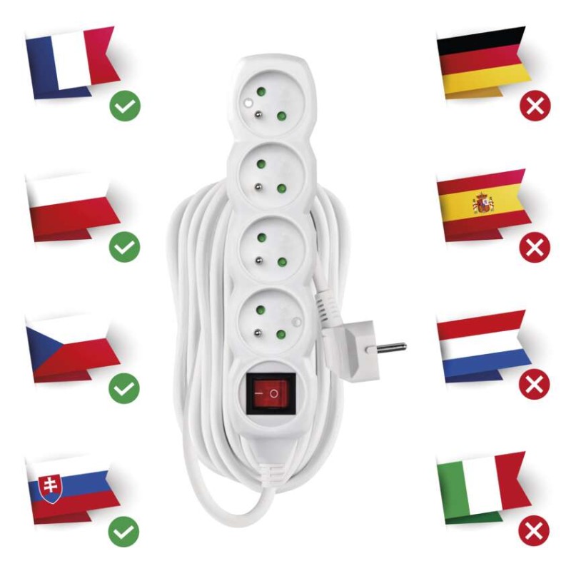 Prodlužovací kabel 10 m / 4 zásuvky / s vypínačem / bílý / PVC / 1,5 mm2