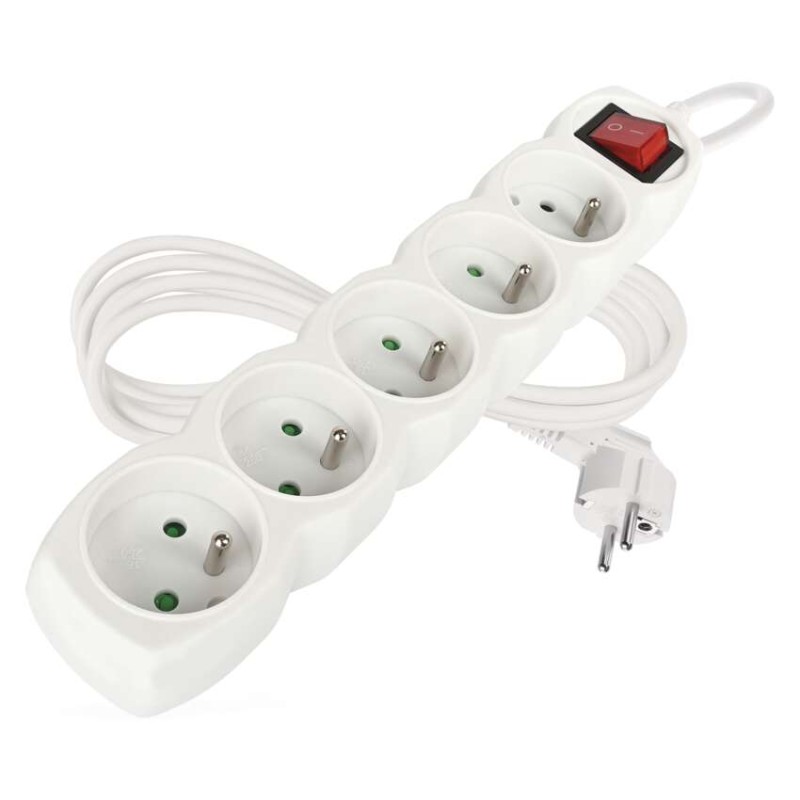 Prodlužovací kabel 2 m / 5 zásuvek / s vypínačem / bílý / PVC / 1 mm2