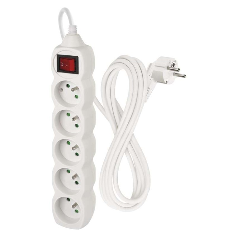 Prodlužovací kabel 3 m / 5 zásuvek / s vypínačem / bílý / PVC / 1,5 mm2