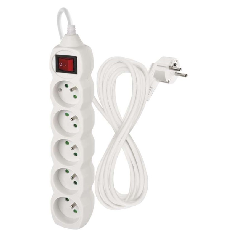 Prodlužovací kabel 5 m / 5 zásuvek / s vypínačem / bílý / PVC / 1,5 mm2