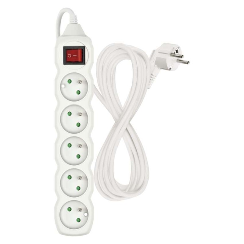 Prodlužovací kabel 5 m / 5 zásuvek / s vypínačem / bílý / PVC / 1,5 mm2