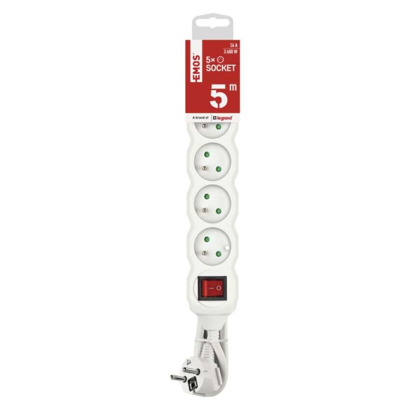 Prodlužovací kabel 5 m / 5 zásuvek / s vypínačem / bílý / PVC / 1,5 mm2
