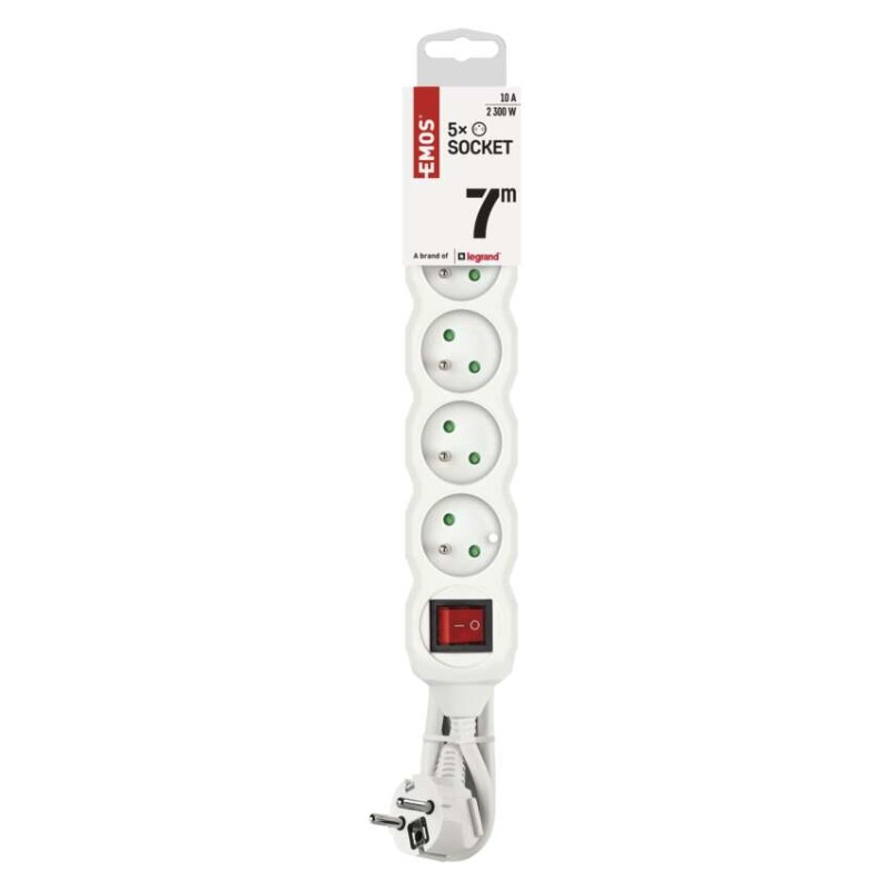 Prodlužovací kabel 7 m / 5 zásuvek / s vypínačem / bílý / PVC / 1 mm2
