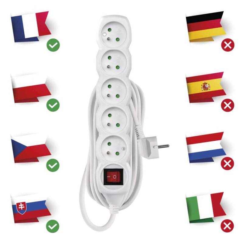 Prodlužovací kabel 7 m / 5 zásuvek / s vypínačem / bílý / PVC / 1,5 mm2