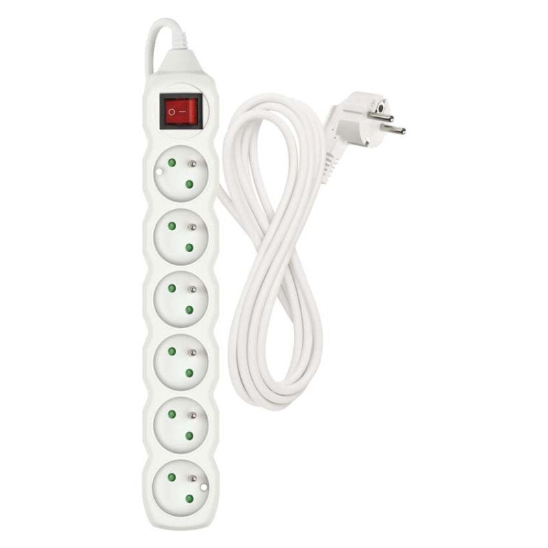 Prodlužovací kabel 3 m / 6 zásuvek / s vypínačem / bílý / PVC / 1 mm2
