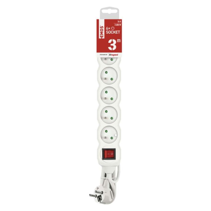 Prodlužovací kabel 3 m / 6 zásuvek / s vypínačem / bílý / PVC / 1,5 mm2