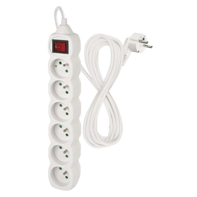Prodlužovací kabel 5 m / 6 zásuvek / s vypínačem / bílý / PVC / 1,5 mm2