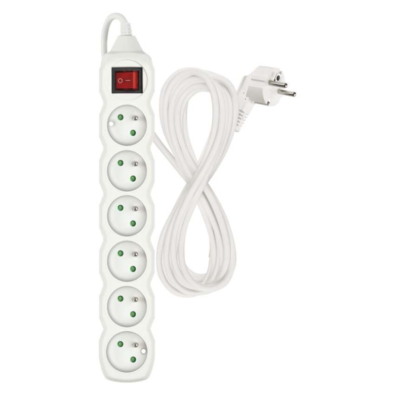 Prodlužovací kabel 5 m / 6 zásuvek / s vypínačem / bílý / PVC / 1,5 mm2
