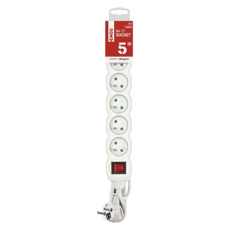 Prodlužovací kabel 5 m / 6 zásuvek / s vypínačem / bílý / PVC / 1,5 mm2