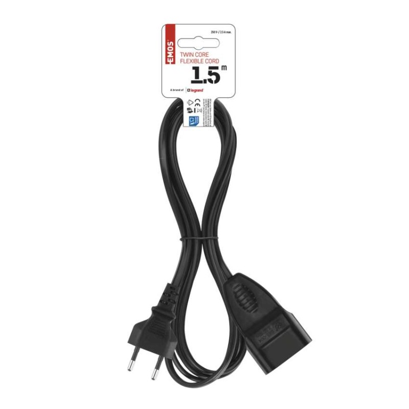 Dvoužilový pohyblivý přívod 1,5 m / 1 zásuvka / černý / PVC / 0,75 mm2