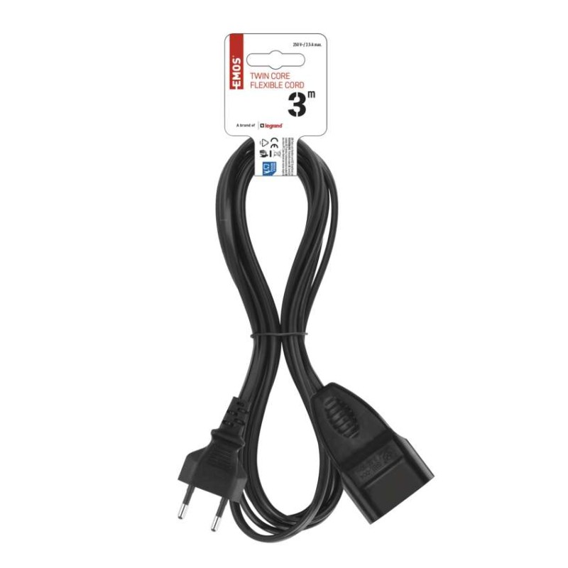 Dvoužilový pohyblivý přívod 3 m / 1 zásuvka / černý / PVC / 0,75 mm2