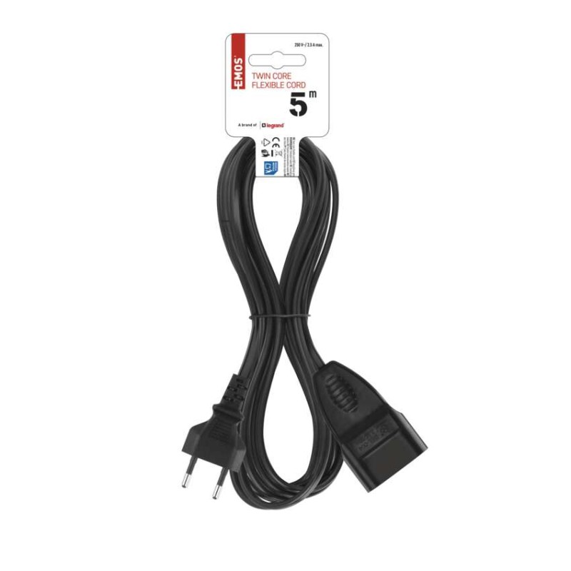 Dvoužilový pohyblivý přívod 5 m / 1 zásuvka / černý / PVC / 0,75 mm2