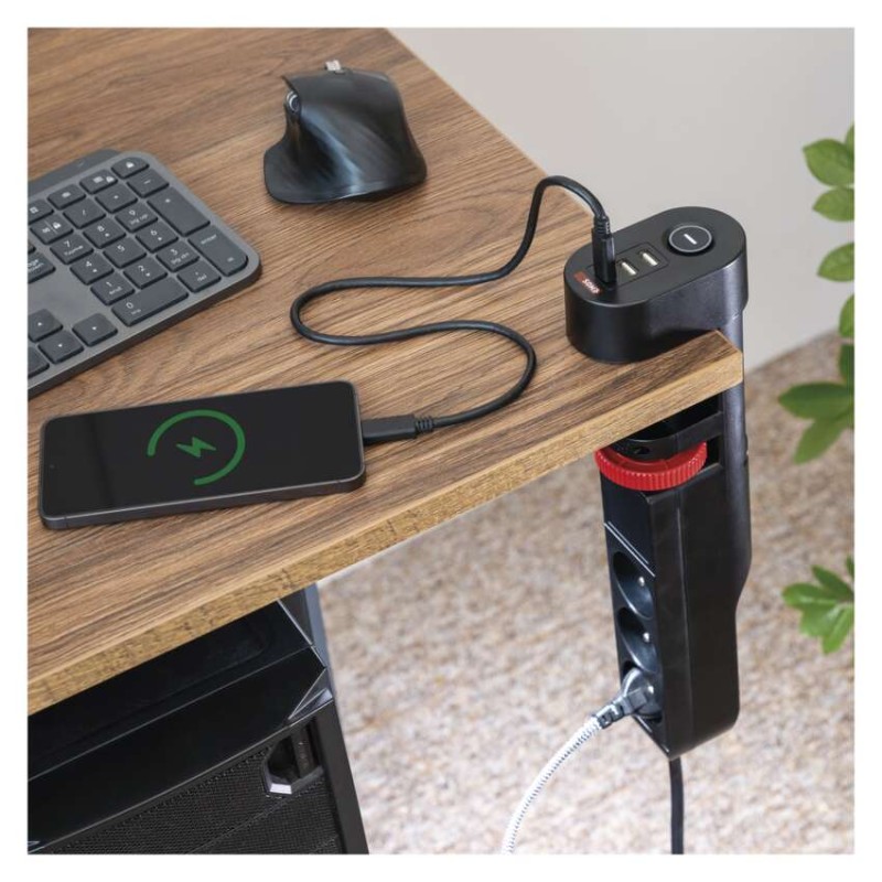 Prodlužovací kabel 1,5m/3 zásuvky/vypínač/uchycení na stůl/USB/černý/PVC/1,5mm2