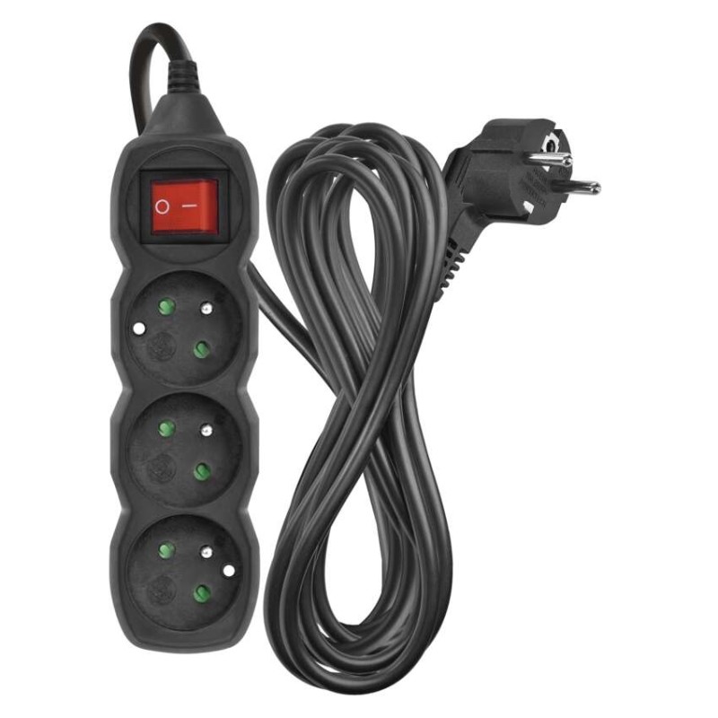 Prodlužovací kabel 5 m / 3 zásuvky / s vypínačem / černý / PVC / 1,5 mm2