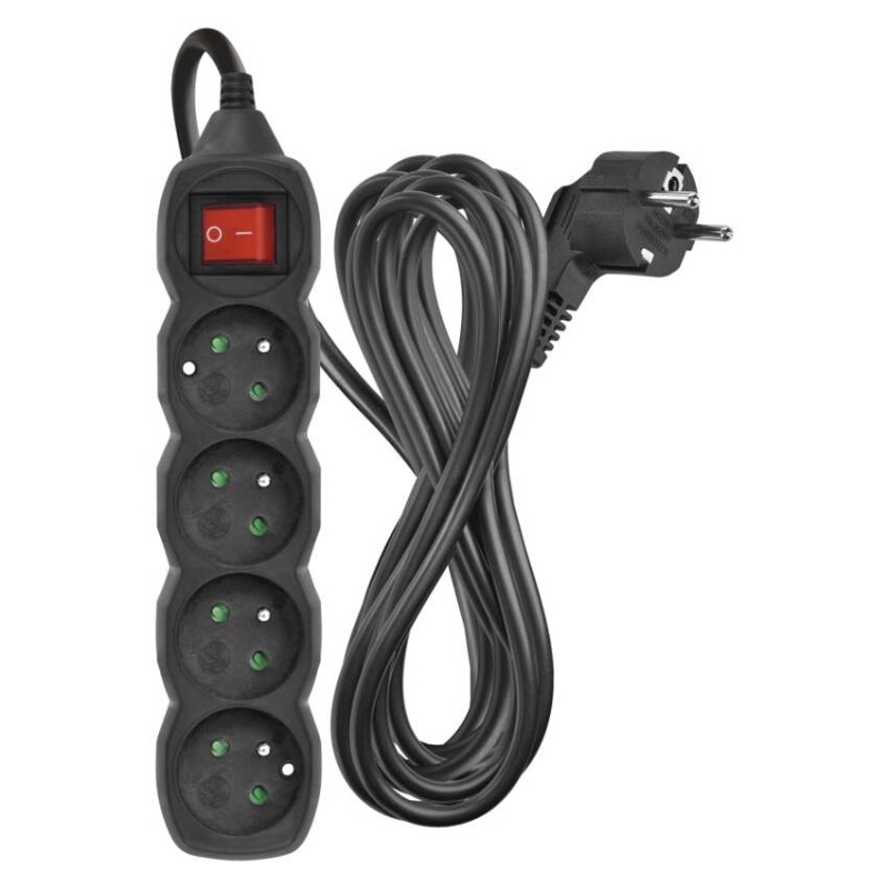 Prodlužovací kabel 5 m / 4 zásuvky / s vypínačem / černý / PVC / 1,5 mm2