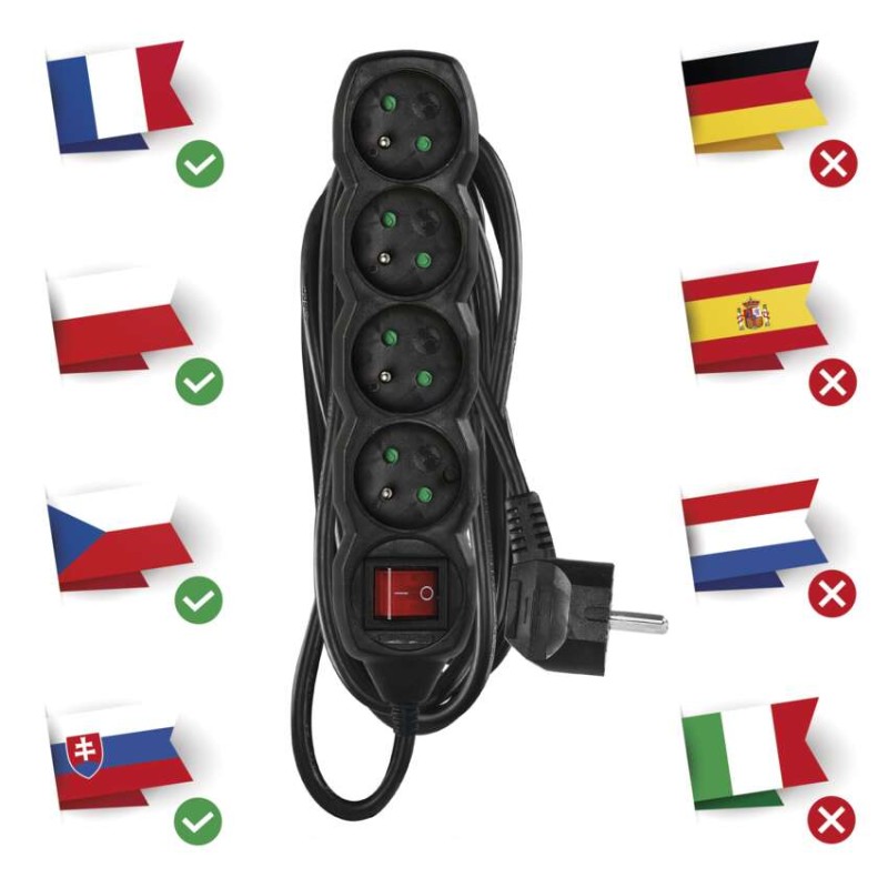 Prodlužovací kabel 5 m / 4 zásuvky / s vypínačem / černý / PVC / 1,5 mm2