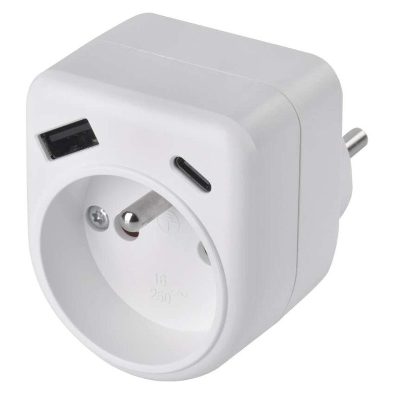Rozbočovací zásuvka 1×, 1×USB-A+1×USB-C, bílá