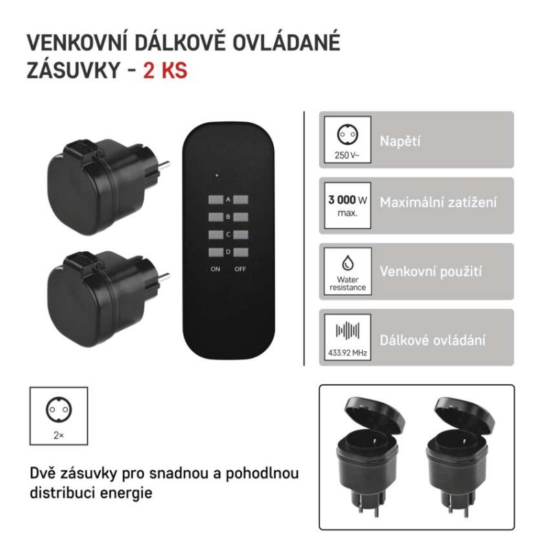 Dálkově ovládané zásuvky SCHUKO, IP44
