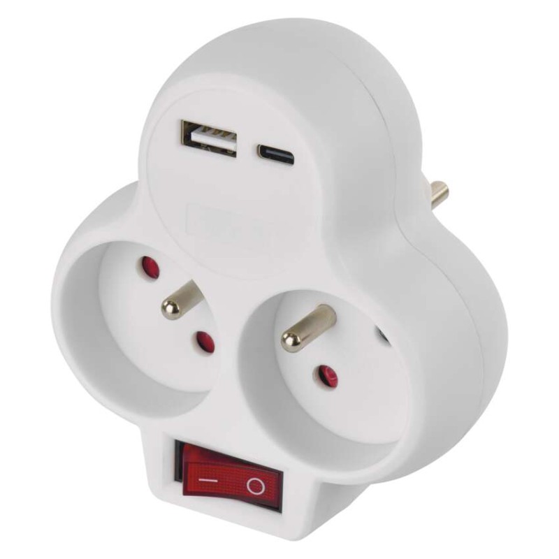 Rozbočovací zásuvka 2×, vyp., 1×USB-A+1×USB-C, bílá