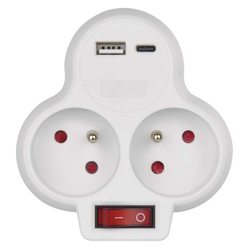 Rozbočovací zásuvka 2×, vyp., 1×USB-A+1×USB-C, bílá