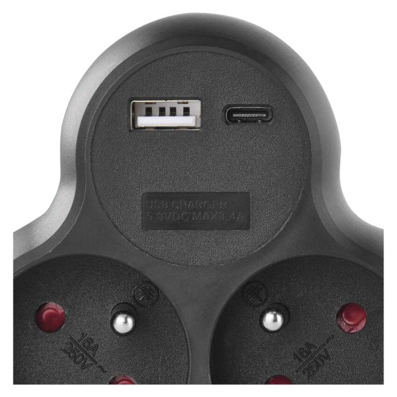 Rozbočovací zásuvka 2×, vyp., 1×USB-A+1×USB-C, černá