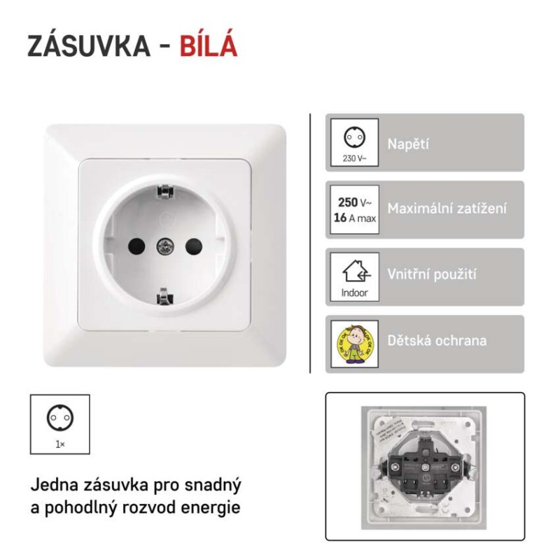 Zásuvka jednonásobná SCHUKO, bílá