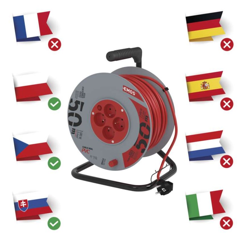 Prodlužovací kabel na bubnu 50 m / 4 zásuvky / červený / PVC / 230 V / 1,5 mm2