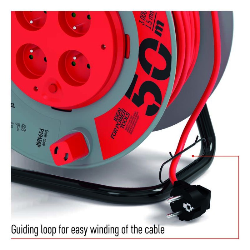 Prodlužovací kabel na bubnu 50 m / 4 zásuvky / černý / PVC / 230 V / 1,5 mm2