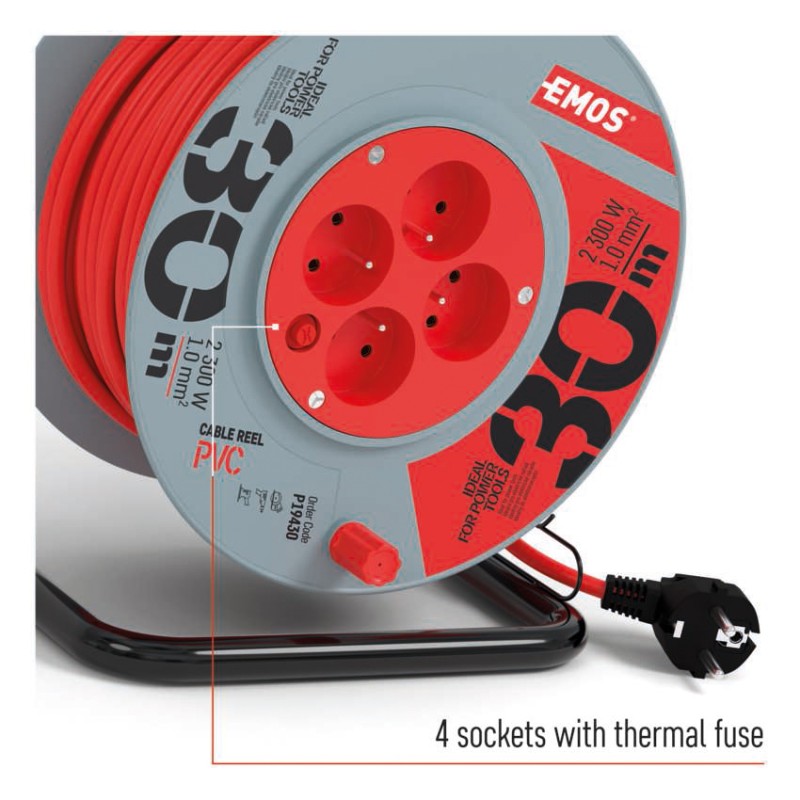 Prodlužovací kabel na bubnu 30 m / 4 zásuvky / červený / PVC / 230 V / 1 mm2
