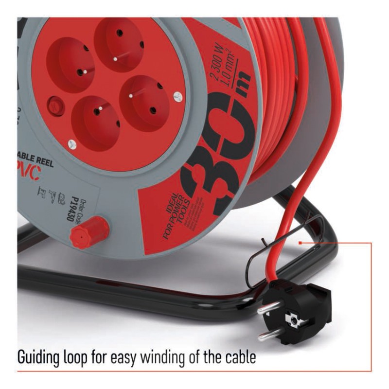 Prodlužovací kabel na bubnu 30 m / 4 zásuvky / červený / PVC / 230 V / 1 mm2