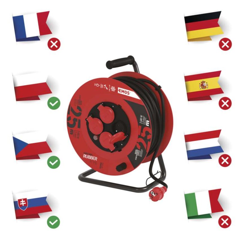 Venkovní prodlužovací kabel na bubnu 25 m / 4 zásuvky / černý / guma / 230 V / 1,5 mm2