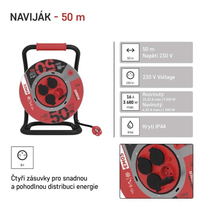 Venkovní prodlužovací kabel na bubnu 50 m / 4 zásuvky / černý / guma / 230 V / 1,5 mm2