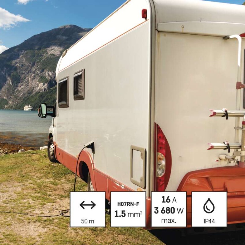 Venkovní prodlužovací kabel na bubnu 50 m / 4 zás. / černý / guma-neopren / 230V / 1,5 mm2
